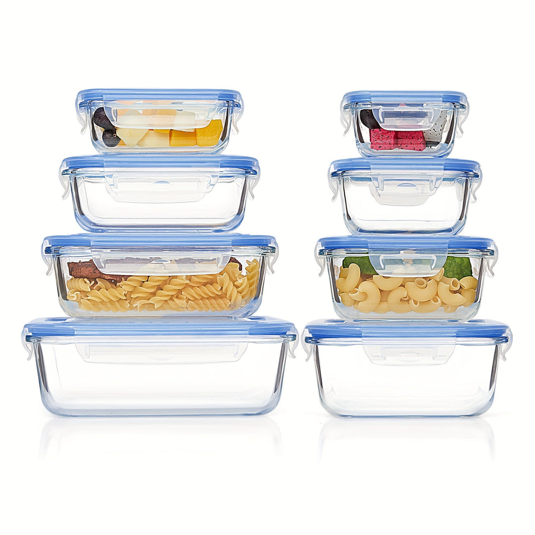 Set med 8 glasbehållare för mat – Bentolådor för matlagning, lufttäta, med läckagesäkra lock, lämpliga för mikrovågsugn, ugn, frys och diskmaskin, BPA-fria