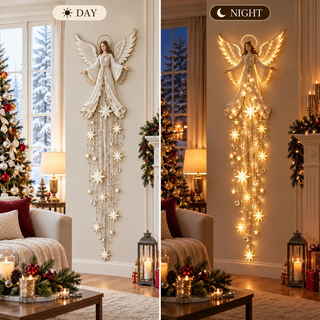 Ängel julvägglampa med gloria och fallande stjärnor, varmvit
