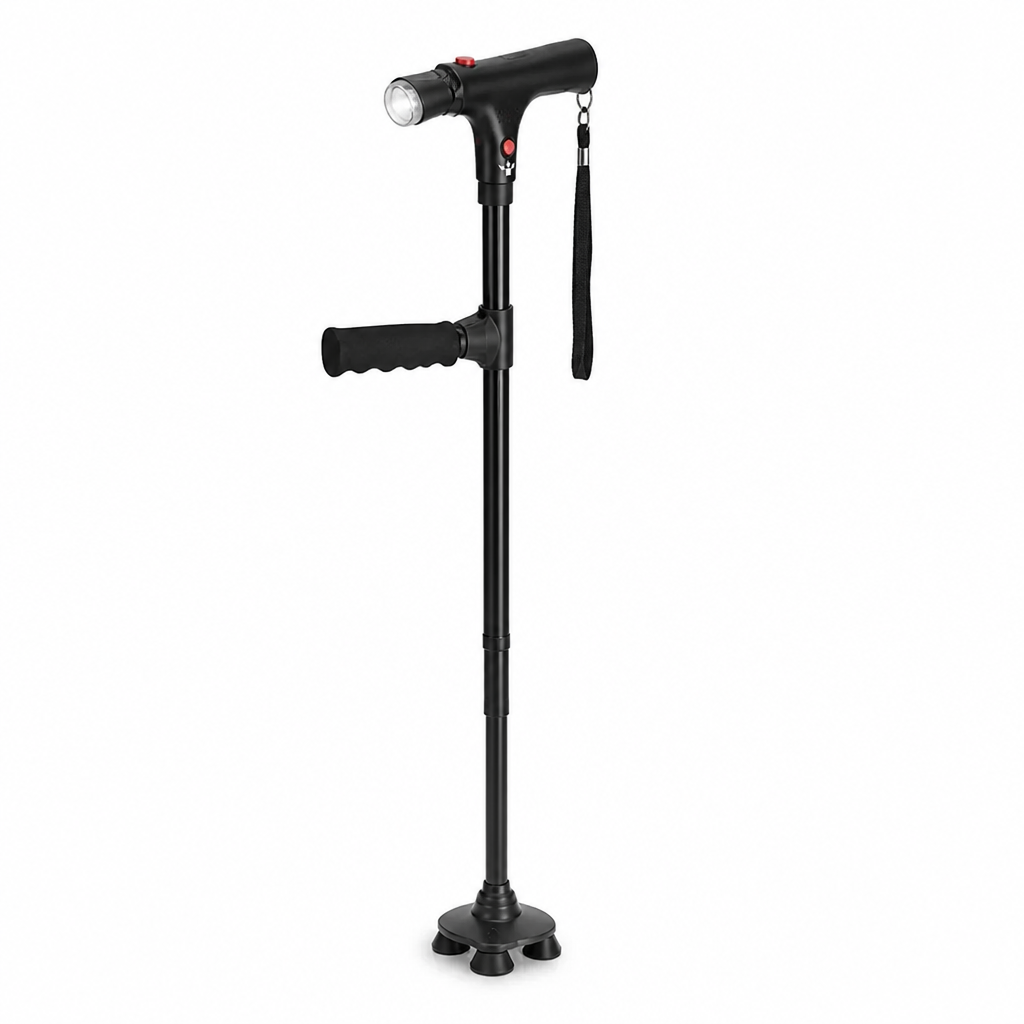 Lätt hopfällbar promenadkäpp i aluminium med fyrpunktsbas, LED-ljus och alarm