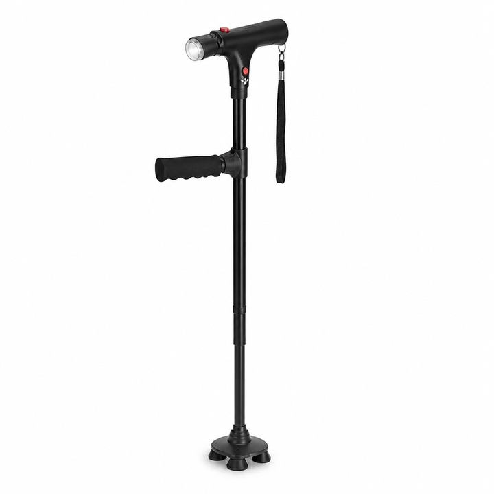 Lätt hopfällbar promenadkäpp i aluminium med fyrpunktsbas, LED-ljus och alarm