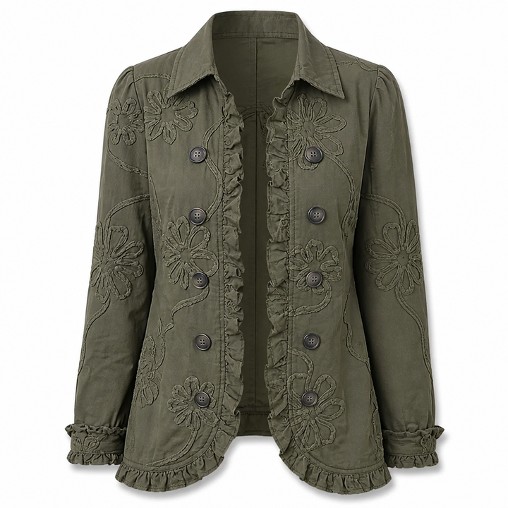Blombroderad utility-jacka – vintage-boho-stil med volangkant