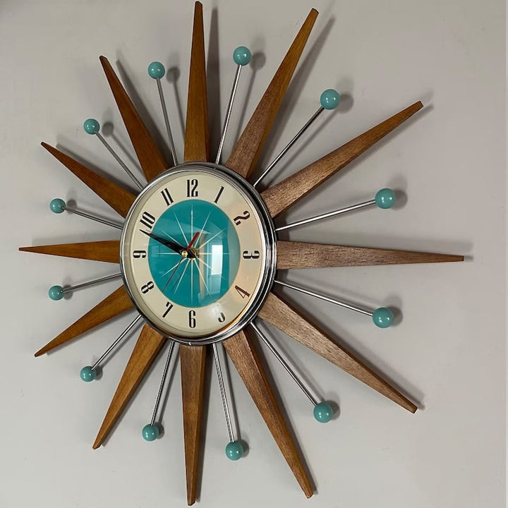 Handgjord väggklocka i mid-century-stil | Retro-väggdekoration, tyst & batteridriven