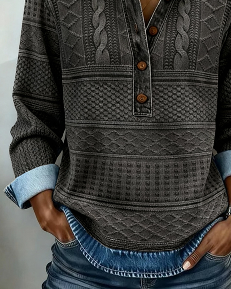 Sweatshirt för dam med skjortkrage och mönstrad knapplist