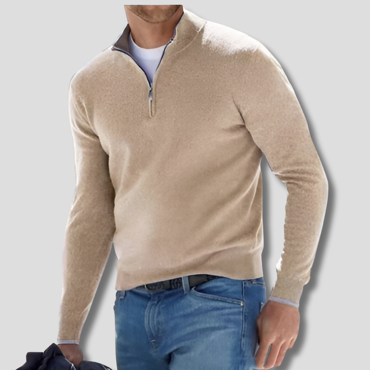 Herresweater i blødt stofstrik med lynlås i kraven