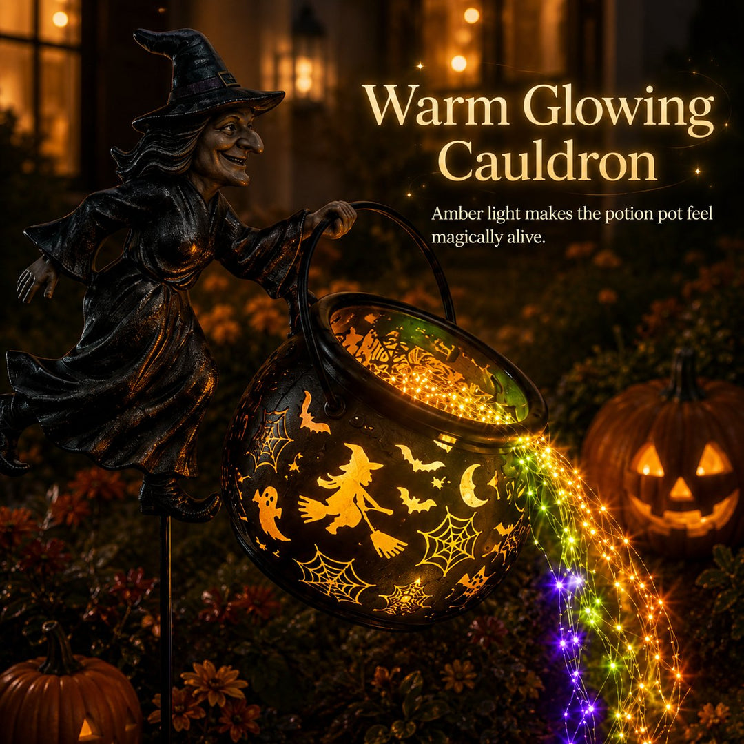 Halloween-trädgårdslampa i form av häxkittel med färgglatt sken och kusliga projektioner