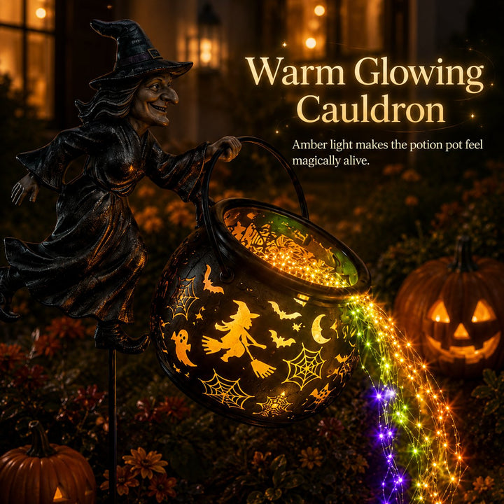 Halloween-trädgårdslampa i form av häxkittel med färgglatt sken och kusliga projektioner