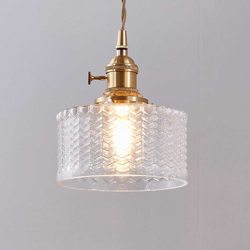 Kort Cylindrisk Retro Taklampa i Vågigt Klart/Grönt Glas med Vridströmbrytare i Mässing