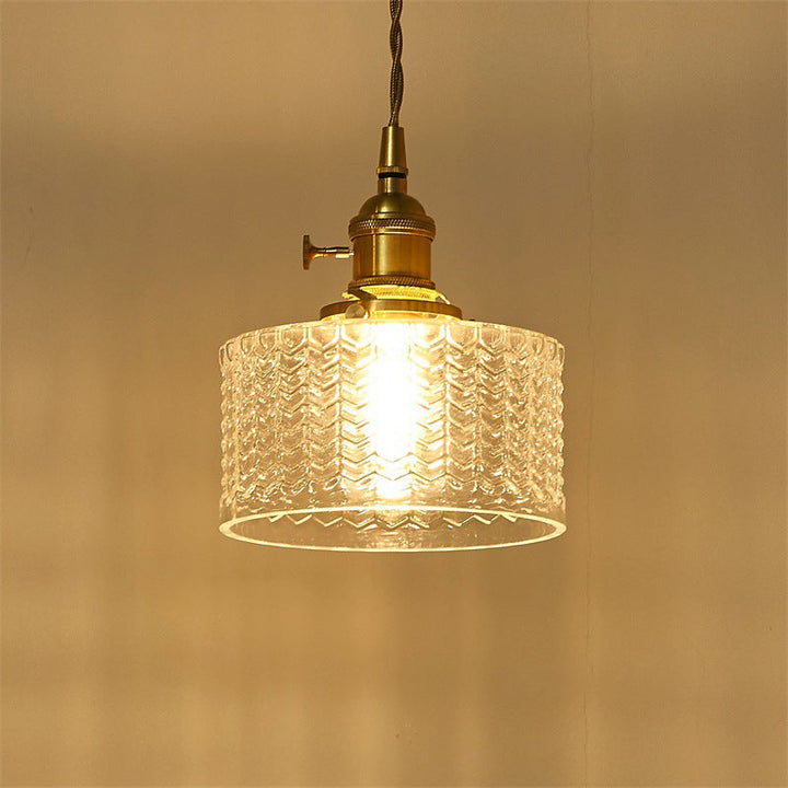 Kort Cylindrisk Retro Taklampa i Vågigt Klart/Grönt Glas med Vridströmbrytare i Mässing