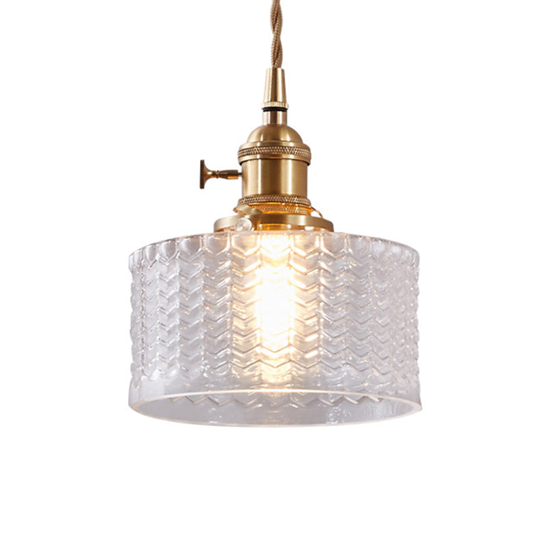 Kort Cylindrisk Retro Taklampa i Vågigt Klart/Grönt Glas med Vridströmbrytare i Mässing
