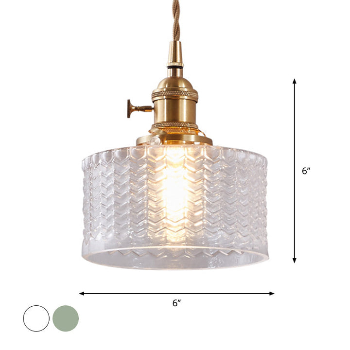 Kort Cylindrisk Retro Taklampa i Vågigt Klart/Grönt Glas med Vridströmbrytare i Mässing
