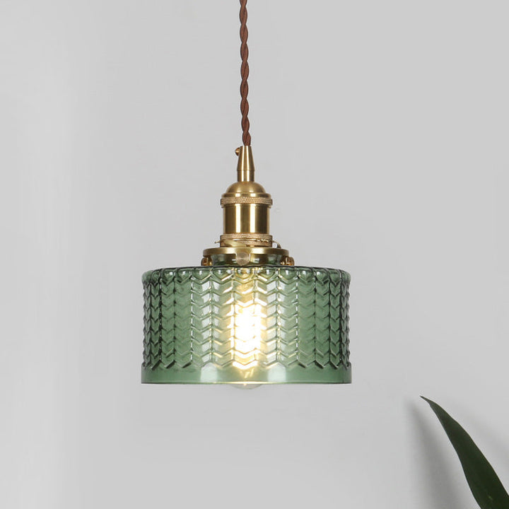 Kort Cylindrisk Retro Taklampa i Vågigt Klart/Grönt Glas med Vridströmbrytare i Mässing