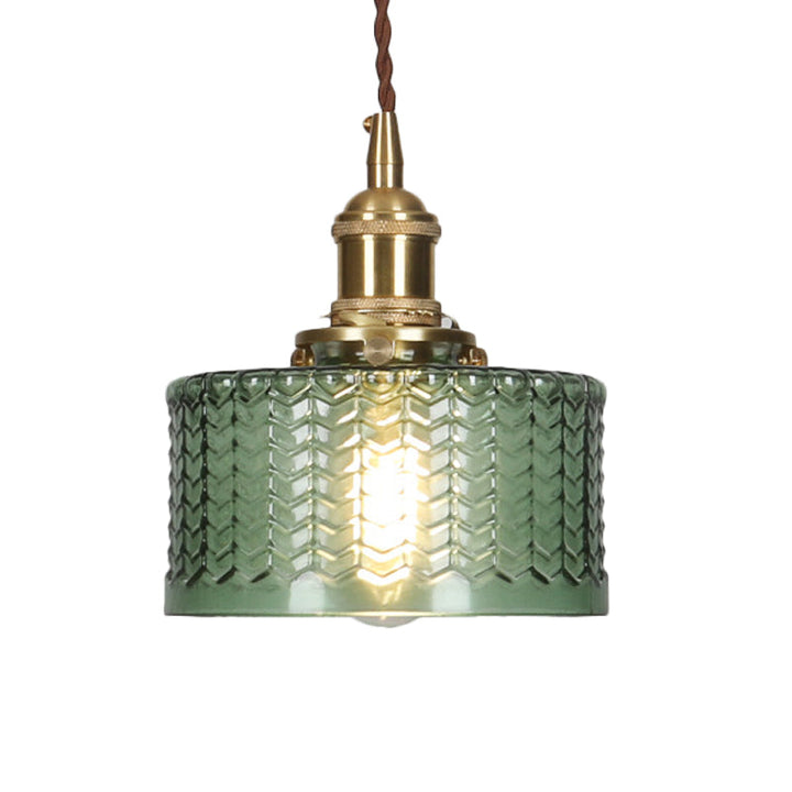 Kort Cylindrisk Retro Taklampa i Vågigt Klart/Grönt Glas med Vridströmbrytare i Mässing