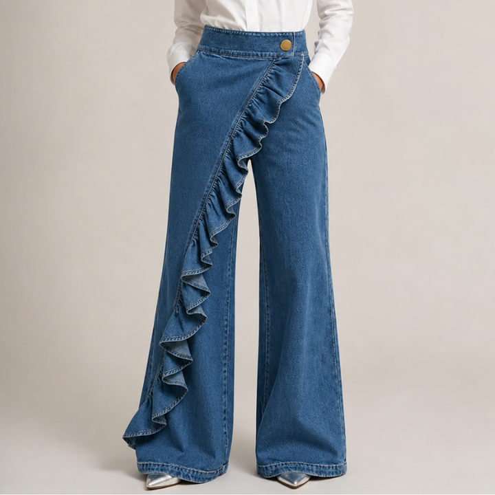 Vida jeansbyxor för dam med asymmetrisk volang i culotte-stil.