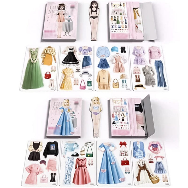 Set med magnetiska klädpuppor för barn med kläder och förvaringslåda