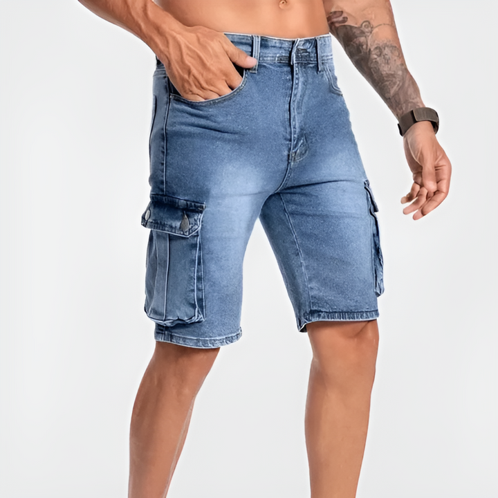 Herrshorts i denim med cargomönster