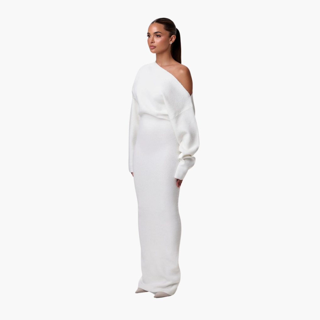 Off-Shoulder Stickad Klänning för Kvinnor – Elegant Aftonklänning