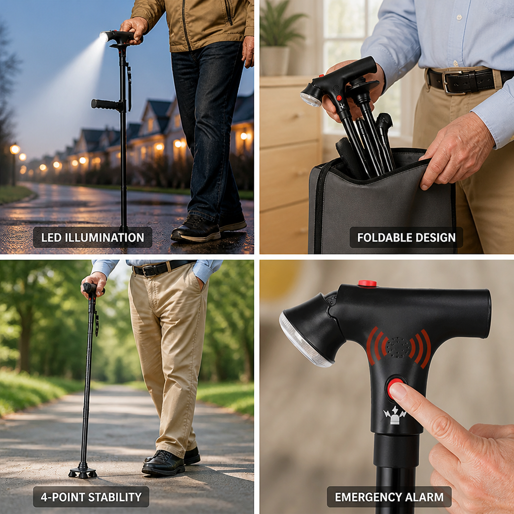 Lätt hopfällbar promenadkäpp i aluminium med fyrpunktsbas, LED-ljus och alarm