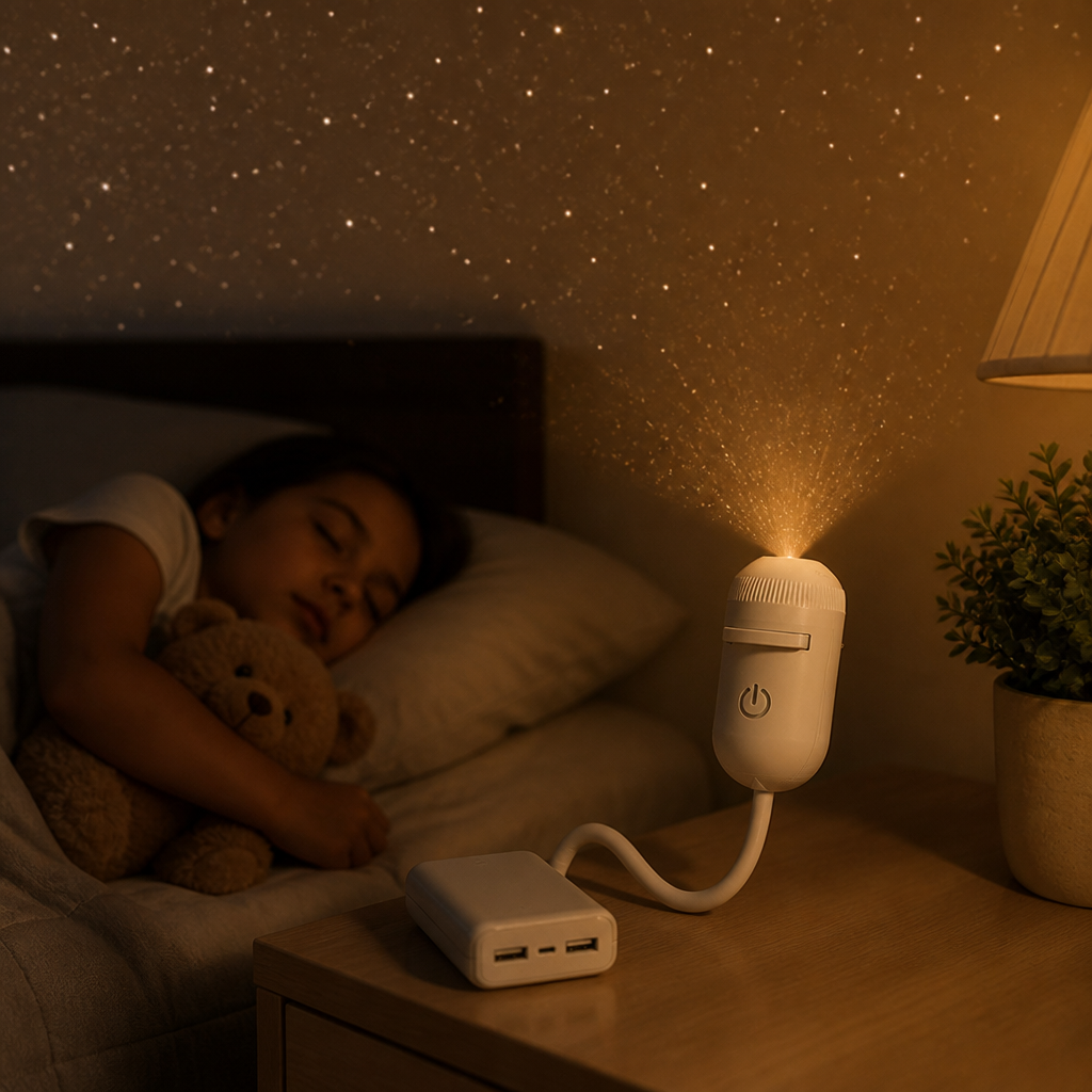 2-i-1 stjärnprojektor och varm nattlampa med utbytbara folier, USB-driven