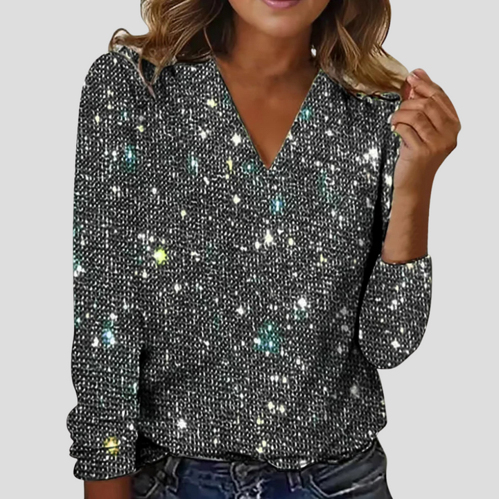 Elegant glimmerbluse med V-udskæring og lange ærmer