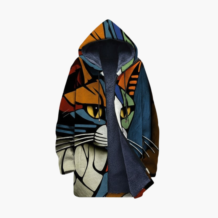 Unisex hettejakke med glidelås og kattetrykk design