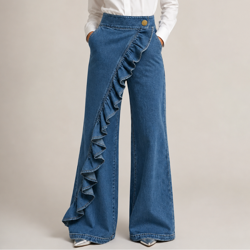Vida jeans för dam med asymmetrisk volang, culotte-stil