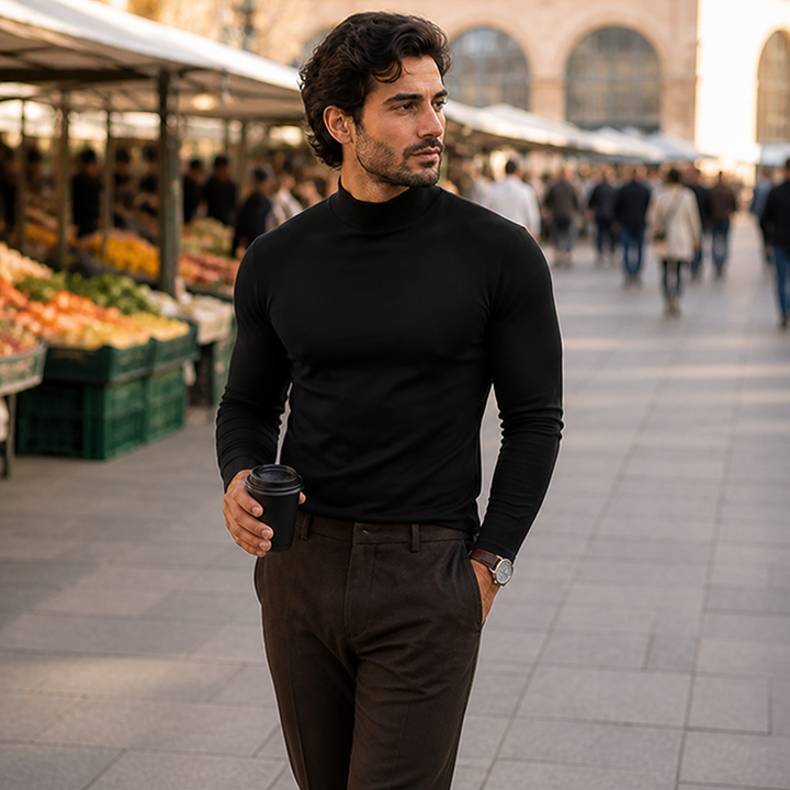 Slim fit-långärmad tröja för herr med högt, nedvikbart krage