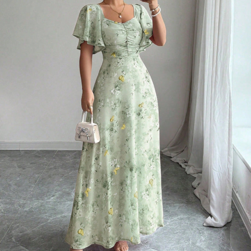 Flowers Printed Lotus Sleeve Dress Summer Elegant Slim Dresses Women's Clothing