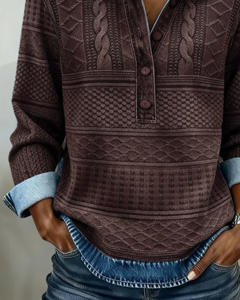 Sweatshirt för dam med skjortkrage och mönstrad knapplist