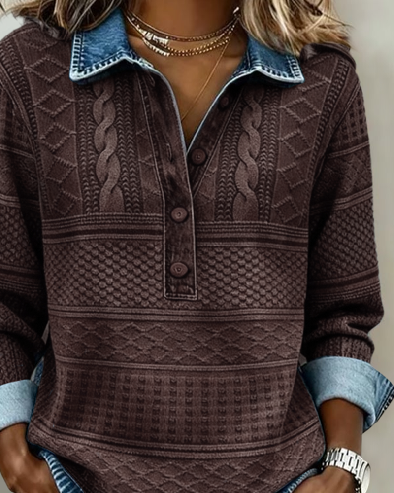 Sweatshirt för dam med skjortkrage och mönstrad knapplist