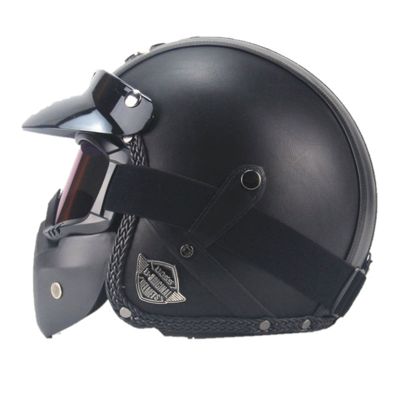 Vintage motorcykelhjälm i PU-läder med visir och glasögonmask
