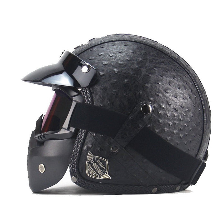 Vintage motorcykelhjälm i PU-läder med visir och glasögonmask