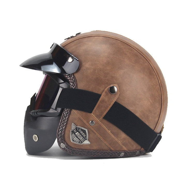 Vintage motorcykelhjälm i PU-läder med visir och glasögonmask