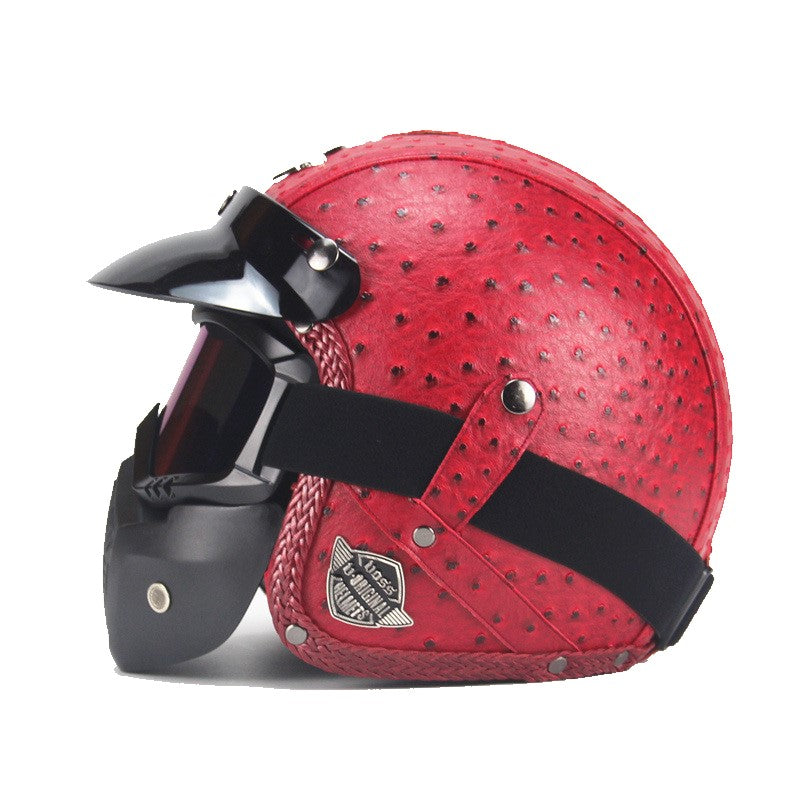 Vintage motorcykelhjälm i PU-läder med visir och glasögonmask