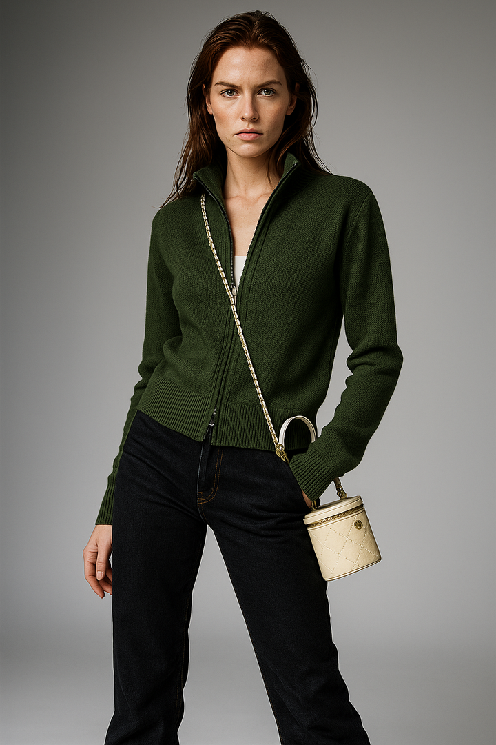 Kofta dam ull med dragkedja – stickad cardigan med hög krage