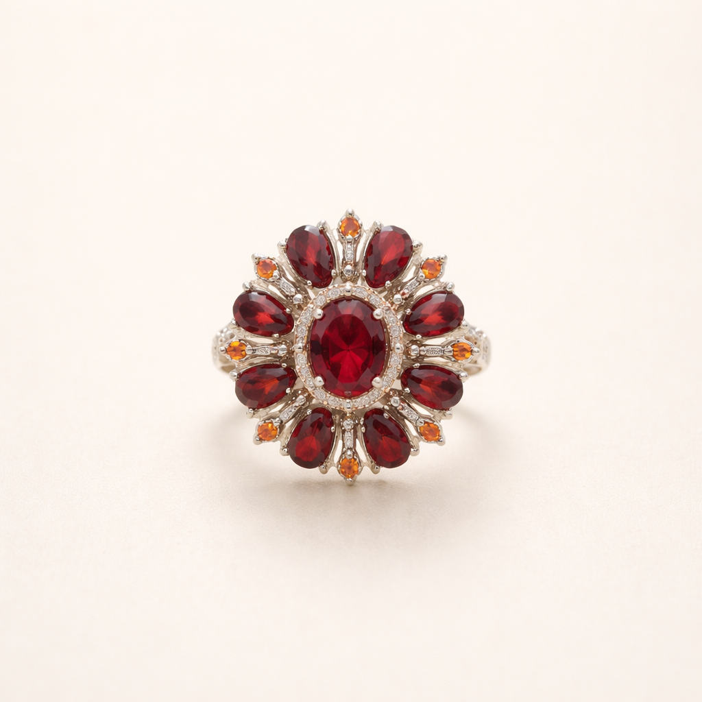 Elegant guldring med scharlakansröda blomblad