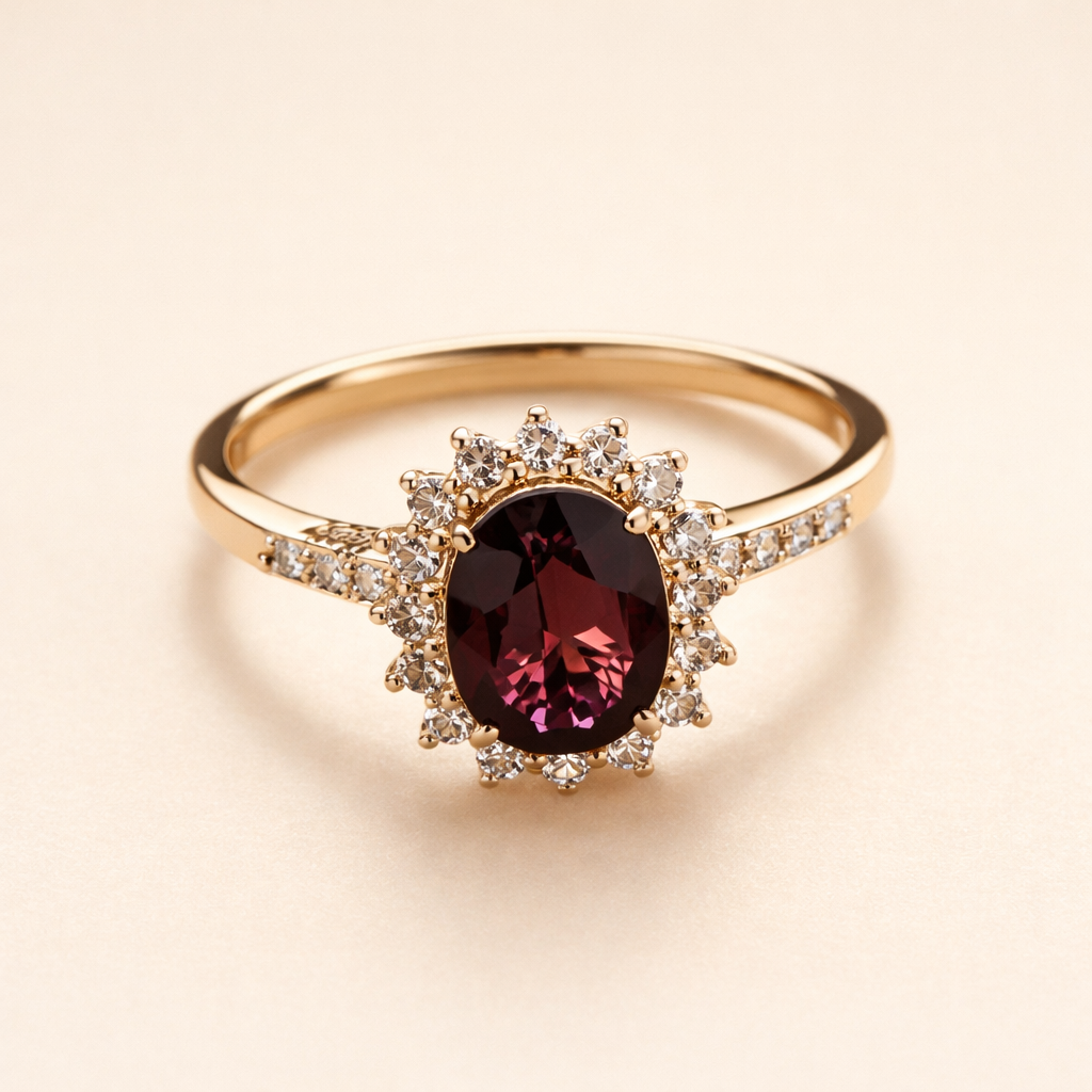 Elegant guldring med röd zirkonia