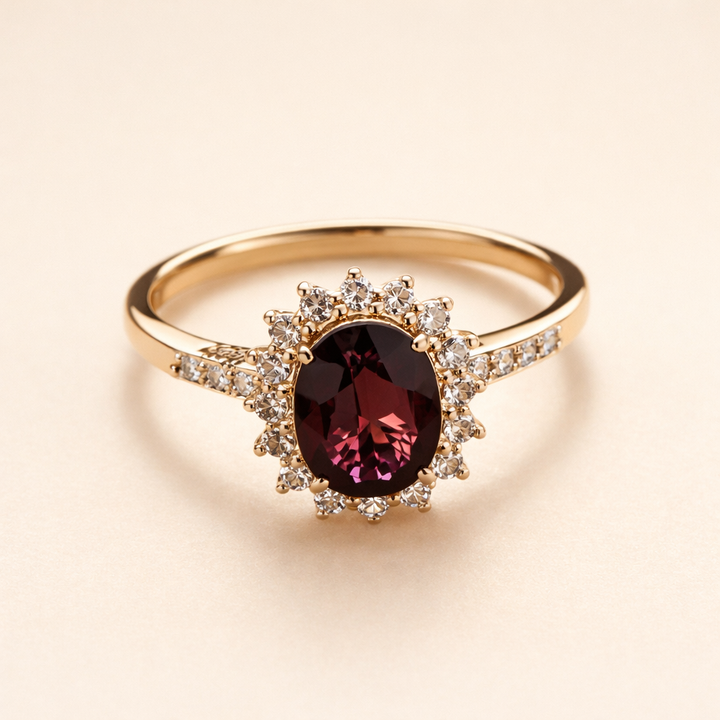 Elegant guldring med röd zirkonia