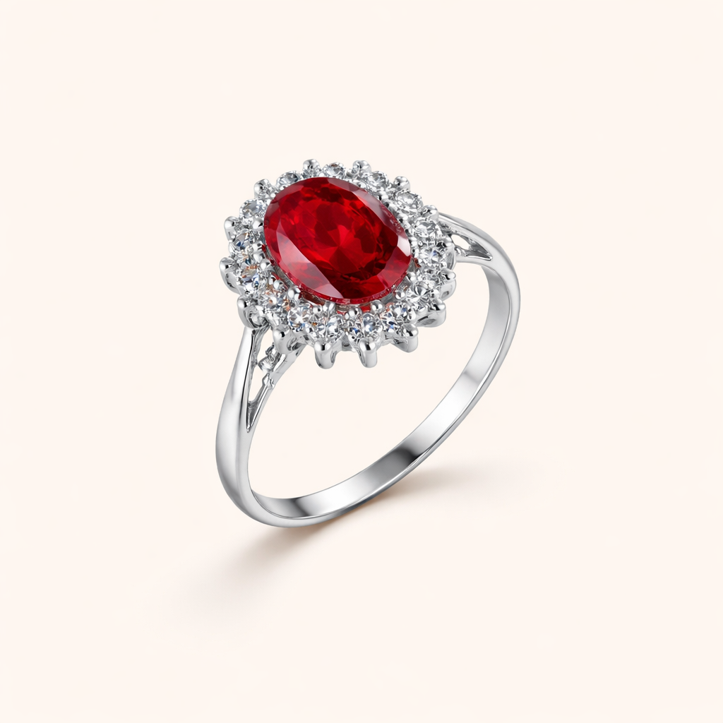 Elegant ring i vitguld med rubinhalo