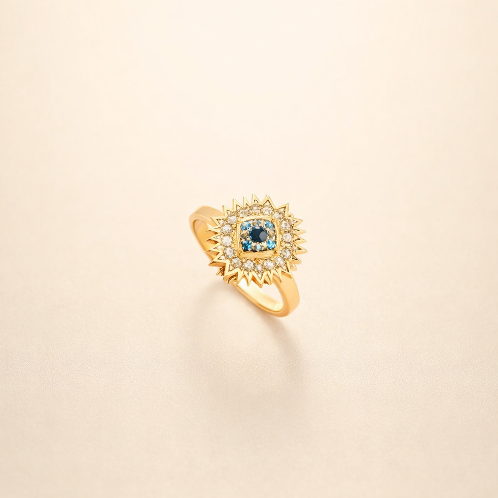 Vriden guldring med safir och solstrålsdesign
