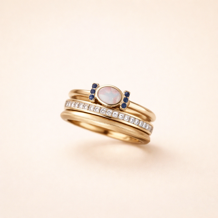 Elegant ringset i guld med opal och förfinade detaljer