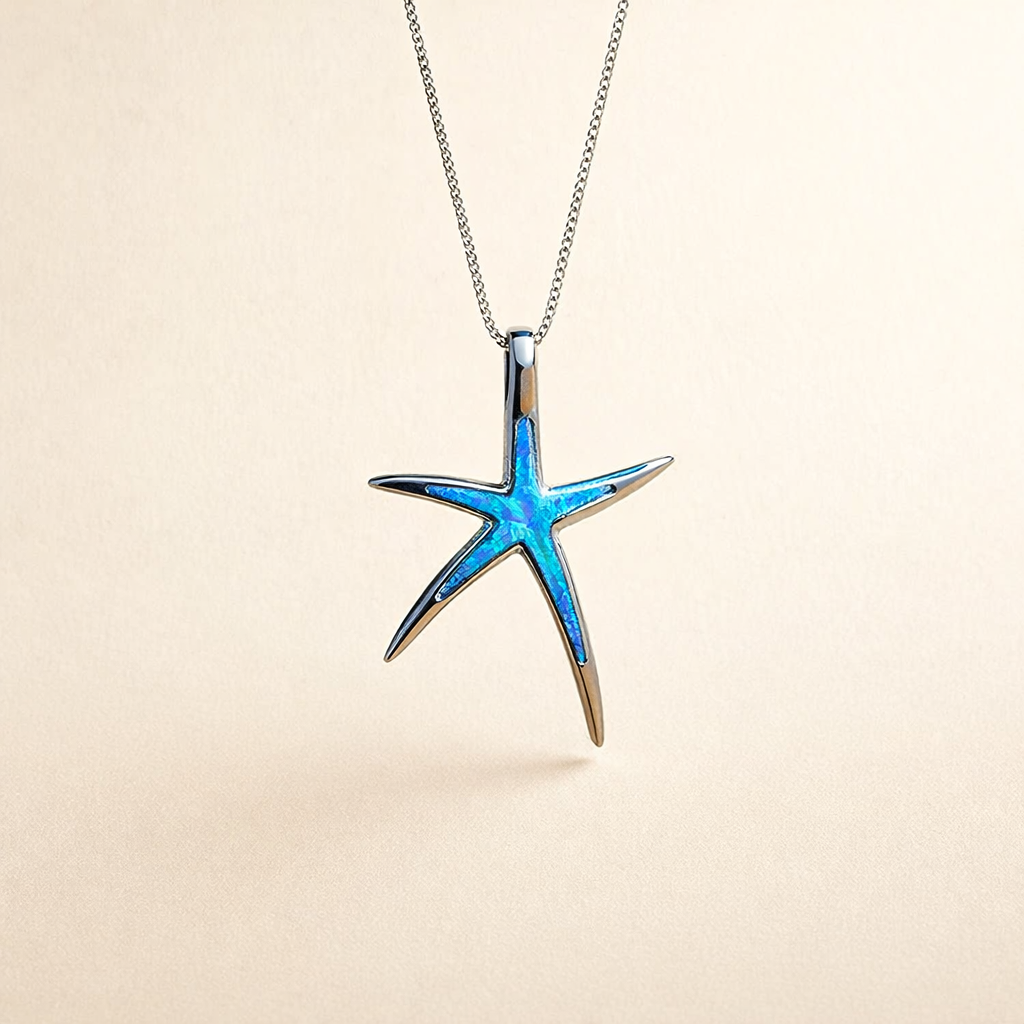 Silverhalsband med blå opal och sjöstjärnedetalj