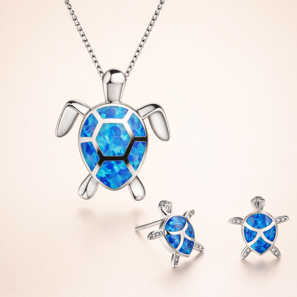 Havsvatten Sköldpadda Halsband + Örhängen Set i opal och silver