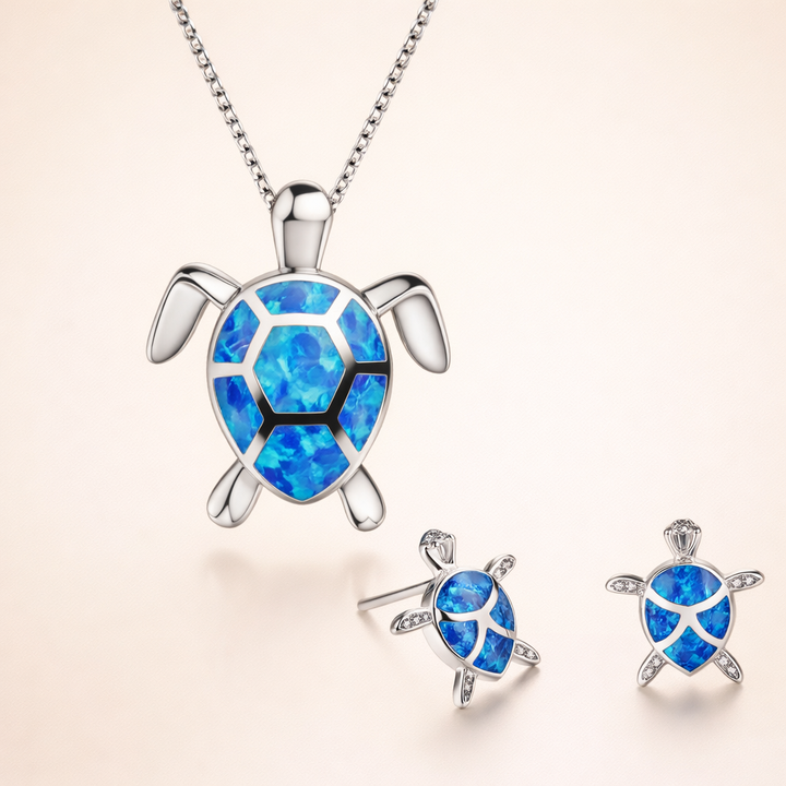 Havsvatten Sköldpadda Halsband + Örhängen Set i opal och silver
