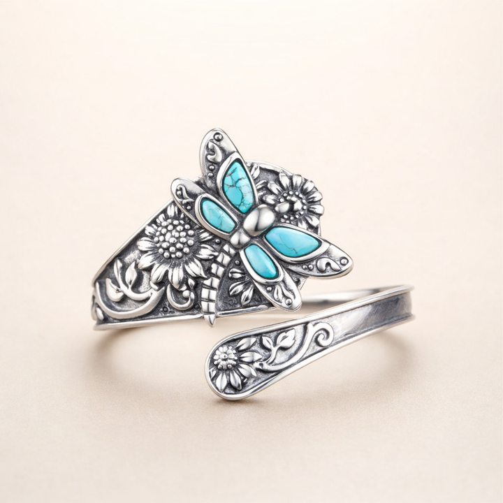Turkos Skedring i sterlingsilver – Vintage Boho Wrap-ring med trollslända