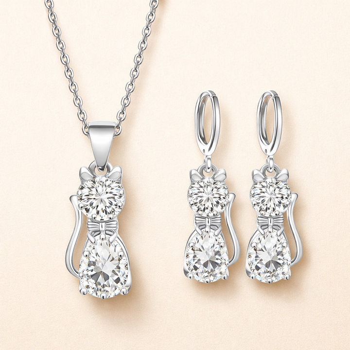 Set Halsband + Örhängen Glada Katter i sterlingsilver och polerad vit zirkonia