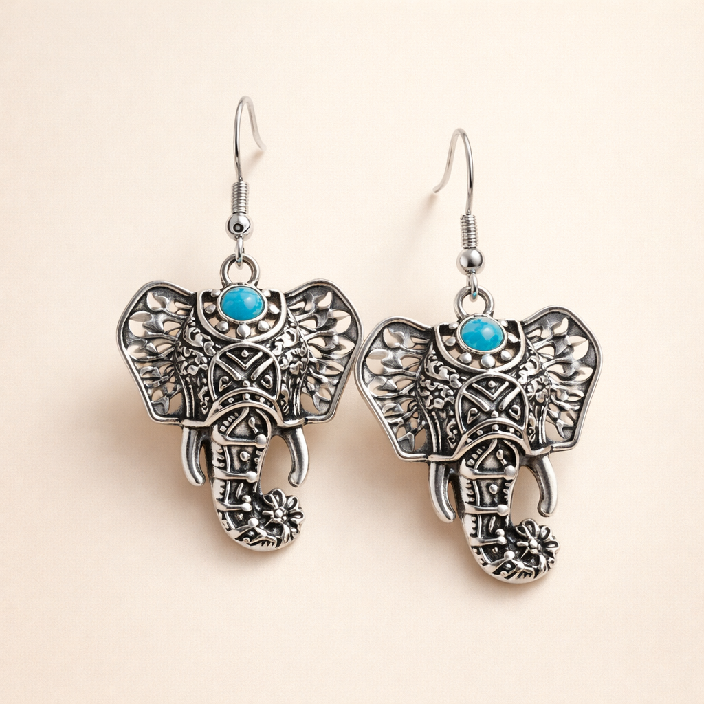 Vintage Elefant Hängande örhängen i silver Bohemian