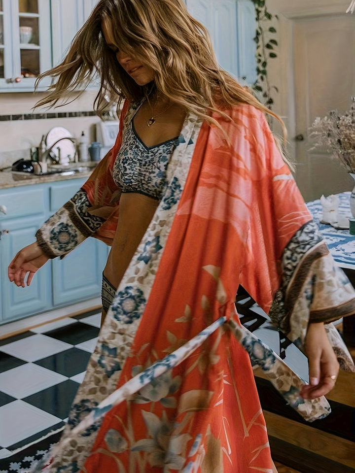 Kimono med rött blommönster - Isabella