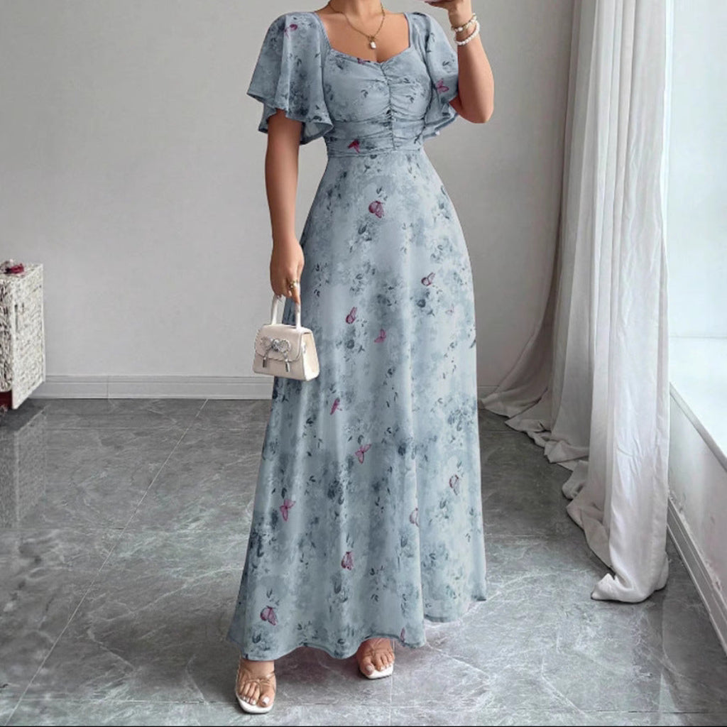 Flowers Printed Lotus Sleeve Dress Summer Elegant Slim Dresses Women's Clothing