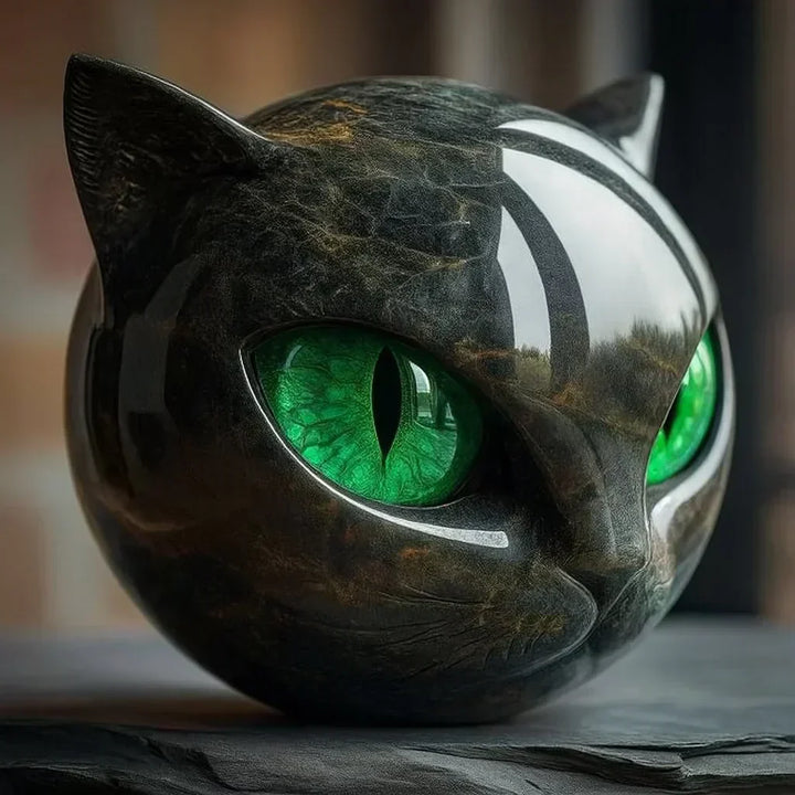NoirCat-skulptur – svart katthuvud med hypnotiska ögon