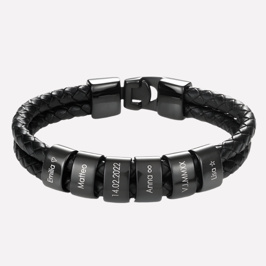 Herrars svart armband med graverade pärlor